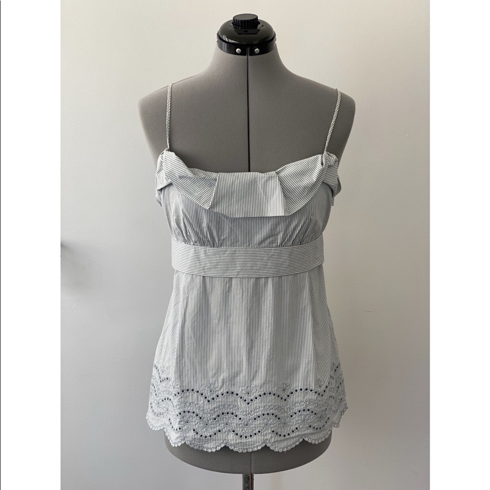 BCBG Max Azria - blue & white - seersucker tank with bow - eyelet lace detailing